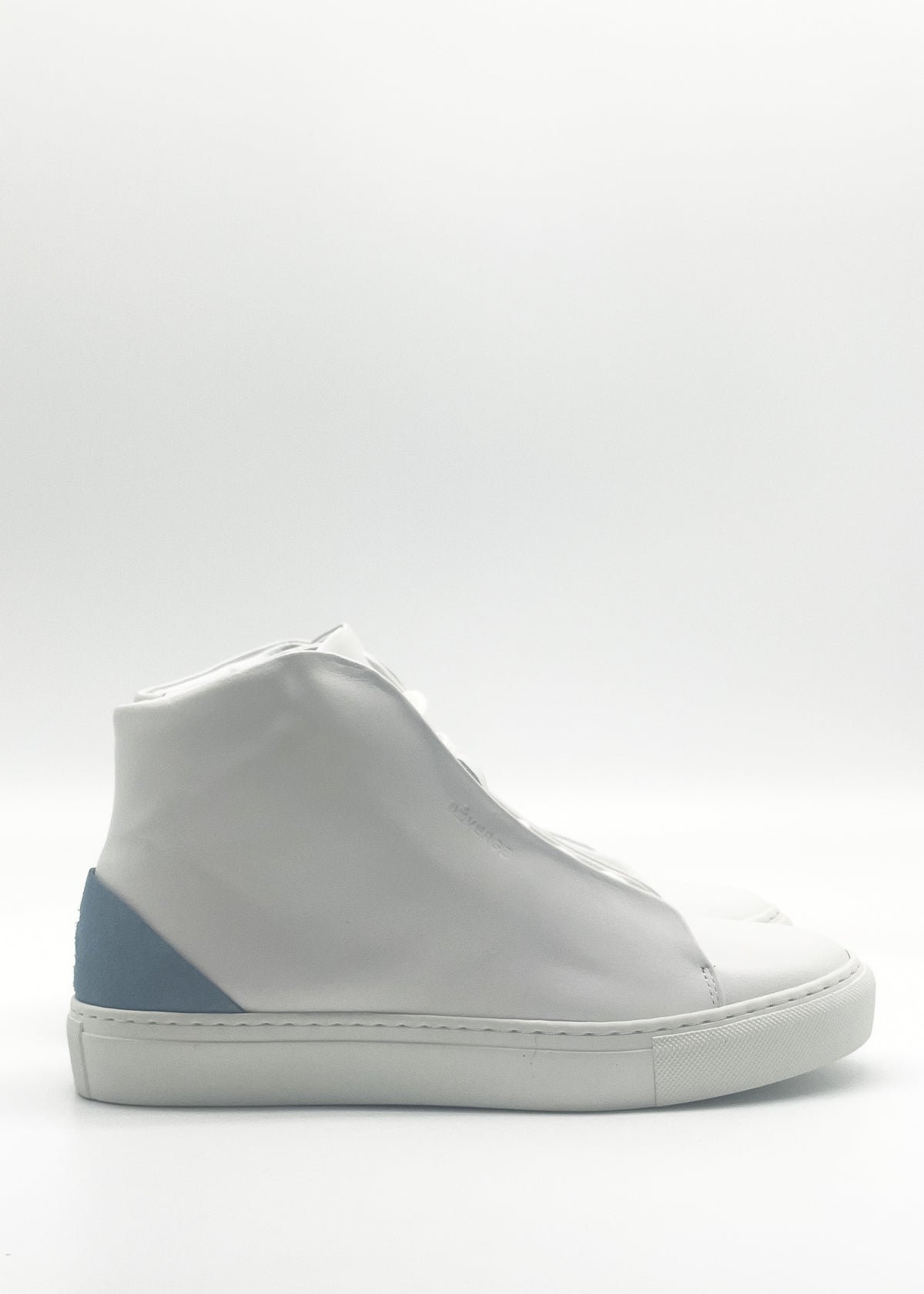 MH0121 White & Artic Blue high-top sneaker, featuring a handcrafted design from premium Italian leathers with a blue heel accent, showcased against a plain background.