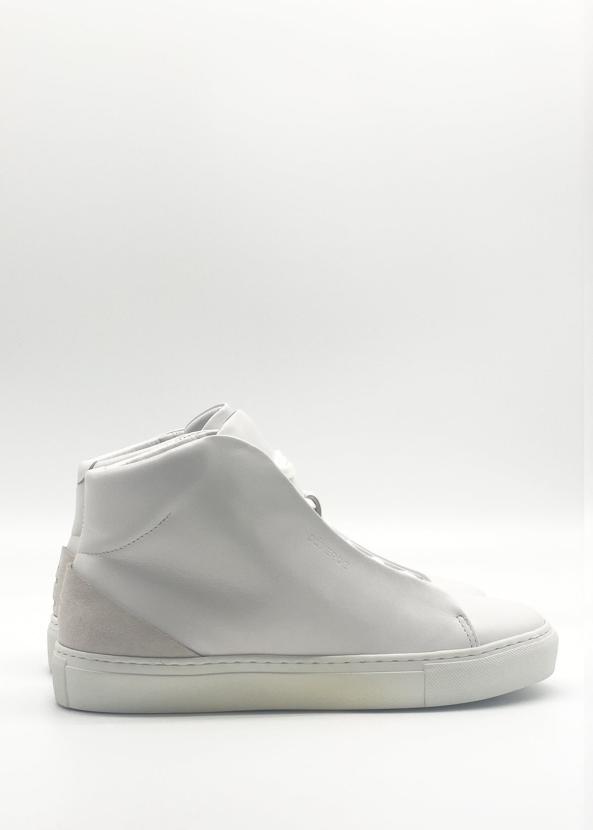 Side view of the MH0124 White & Plaster high-top sneaker, handcrafted in Portugal with premium Italian leathers, showcasing a white rubber sole and a minimalistic design against a plain background.