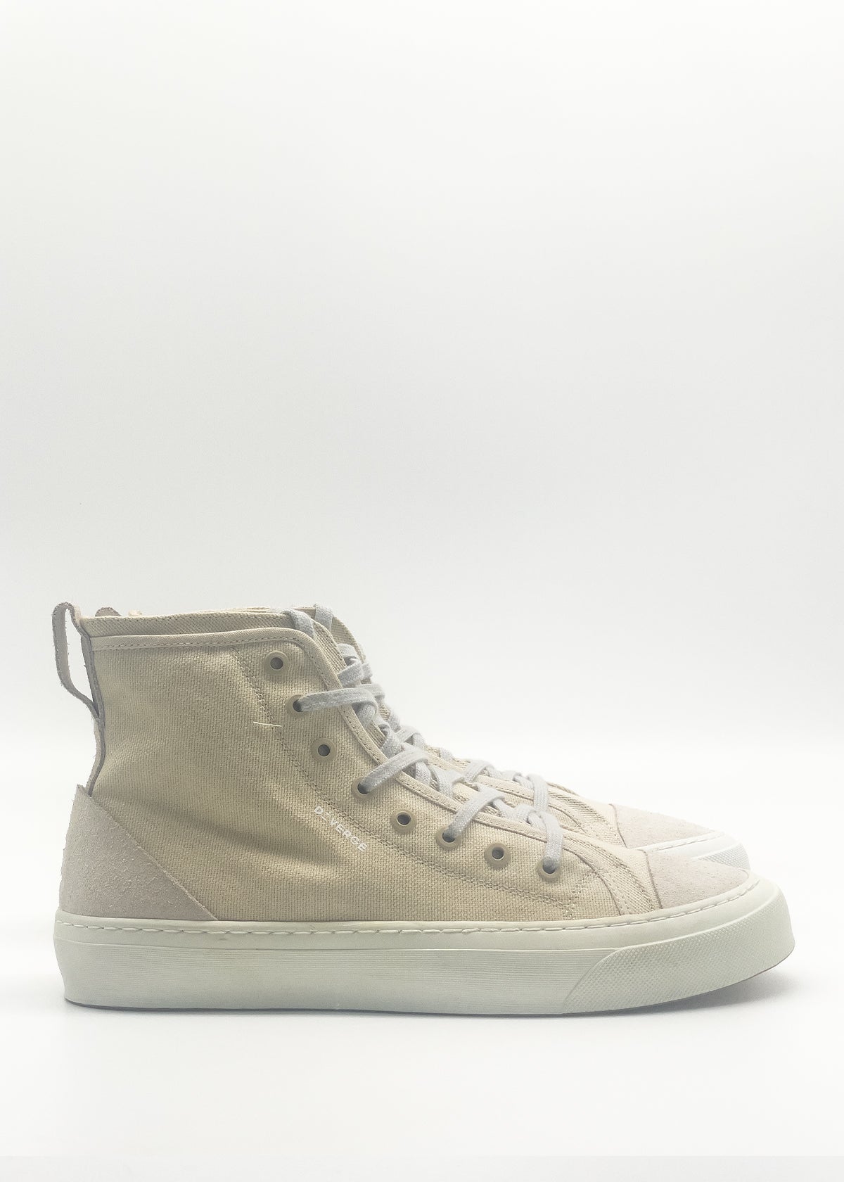 The TH0018 Antique White & Bone is a single beige high-top sneaker, meticulously handcrafted in Portugal, featuring a white rubber sole and pristine white laces against a plain white background.