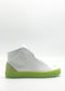 Side view of the MH0122 White & Fluorescent Yellow high-top sneakers featuring a vibrant neon green sole against a plain background. Crafted to order using premium Italian leathers, these ethically made sneakers guarantee comfort and quality with every step.