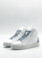 The MH0125 White & Artic Blue high-top sneakers are handcrafted in Portugal using premium Italian leathers, and they showcase light blue laces and heel accents against a plain background.