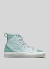 The TH0021 by Luana is a mint green high-top sneaker, ethically handcrafted in Portugal, featuring a white sole and laces, elegantly displayed on a plain gray background.