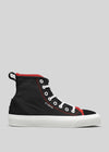 The TH0022 by João is a black and red multi-layered high-top sneaker with white laces and sole, featuring a back tab and "D: VERGE" text on the side. Handcrafted in Portugal, this stylish pair is ethically made to order for discerning sneaker enthusiasts.