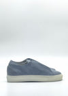 Side view of the ML0116 Arctic Blue slip-on shoe in light blue suede with a white rubber sole, crafted from premium Italian leather and set against a plain white background.