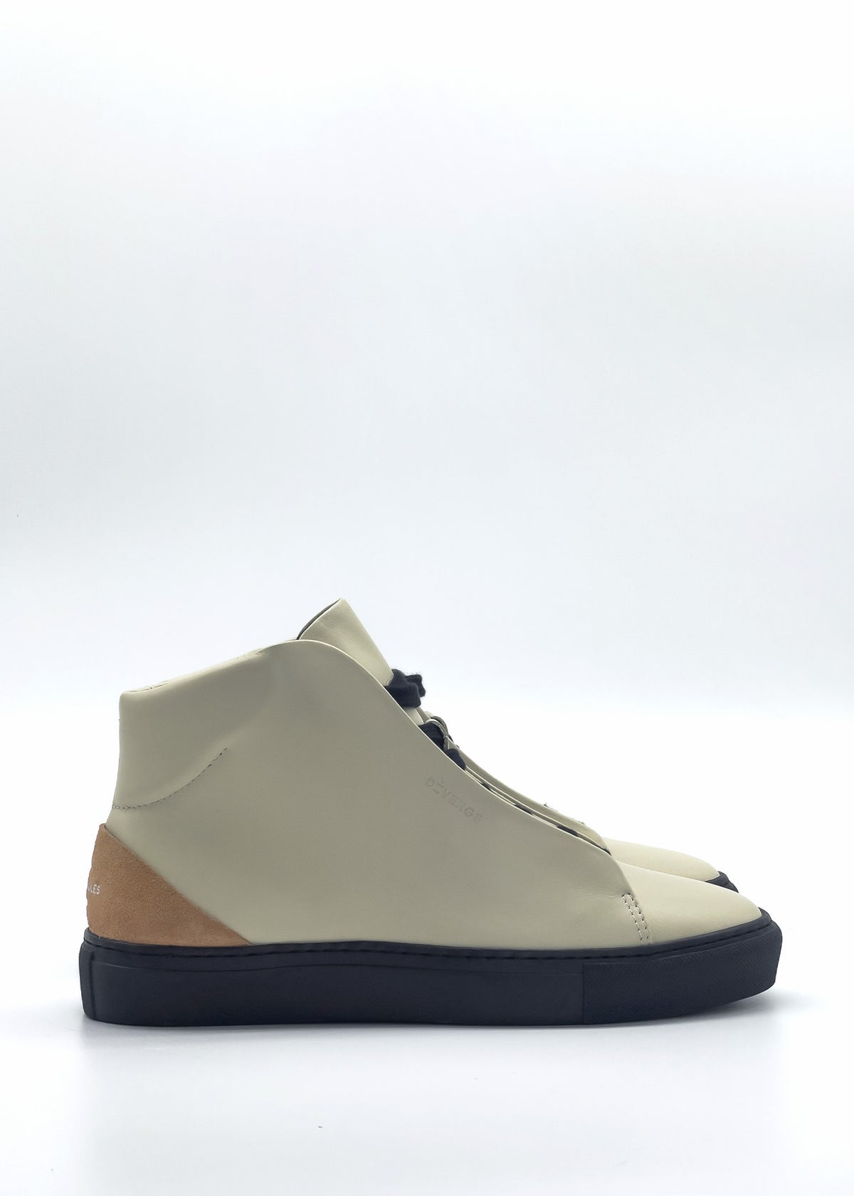 Introducing the MH0146 Beige & Black: a pair of beige handcrafted high-top sneakers featuring black soles and brown accents on the heel, crafted from ethically sourced premium Italian leather, and presented against a plain white background.