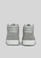 Back view of the V4 Grey W/ Plaster high-top sneakers, crafted from premium Italian leathers, featuring gray and white tones on a light gray background, handcrafted in Portugal.