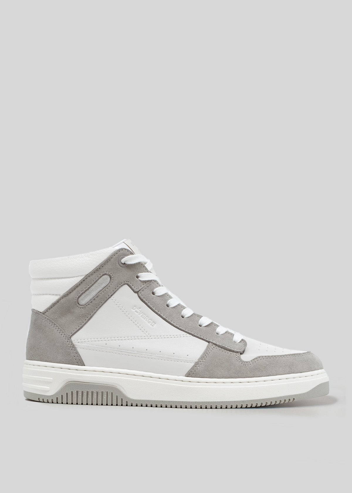 V8 White W/ Plaster high-top sneaker, meticulously handcrafted in Portugal, showcasing a white leather body with gray suede accents, complemented by white laces and a textured rubber sole, set against a plain background.