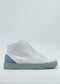 The MH0134 White & Blue, a high-top sneaker featuring a white upper with a gray sole and light blue suede back panel, ethically crafted from premium Italian leathers, is displayed against a plain background.