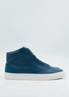 A side view of the MH0133 Petrol Blue Floater high-top sneaker, featuring a stunning blue color with a white sole, expertly handcrafted in Portugal using premium Italian leathers.