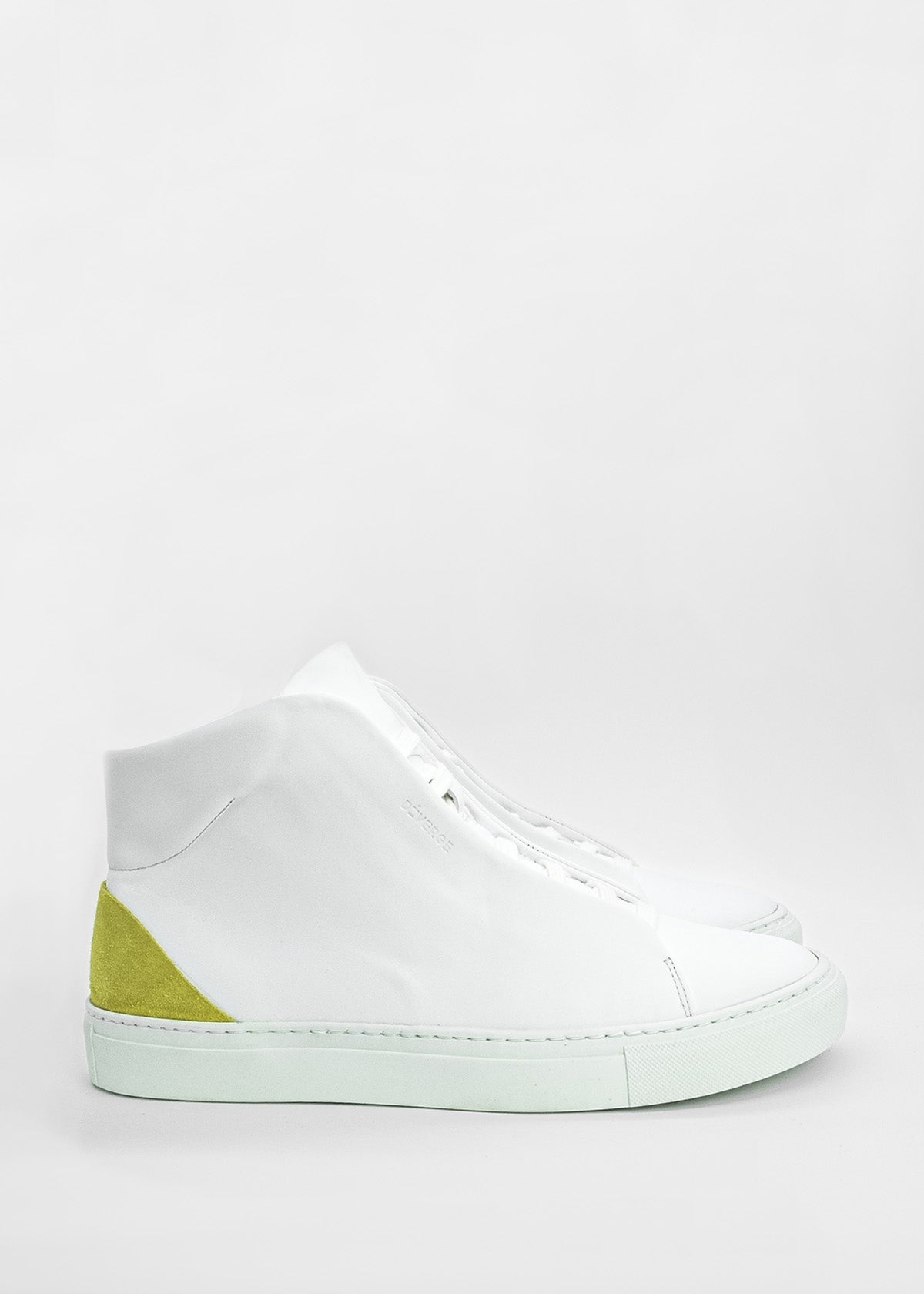 The MH0072 White W/ Yellow features white high-top sneakers with a yellow accent on the back heel, shown from a side view against a plain background. Handcrafted in Portugal with top-quality Italian leathers, these fashionable shoes are ethically made to order.