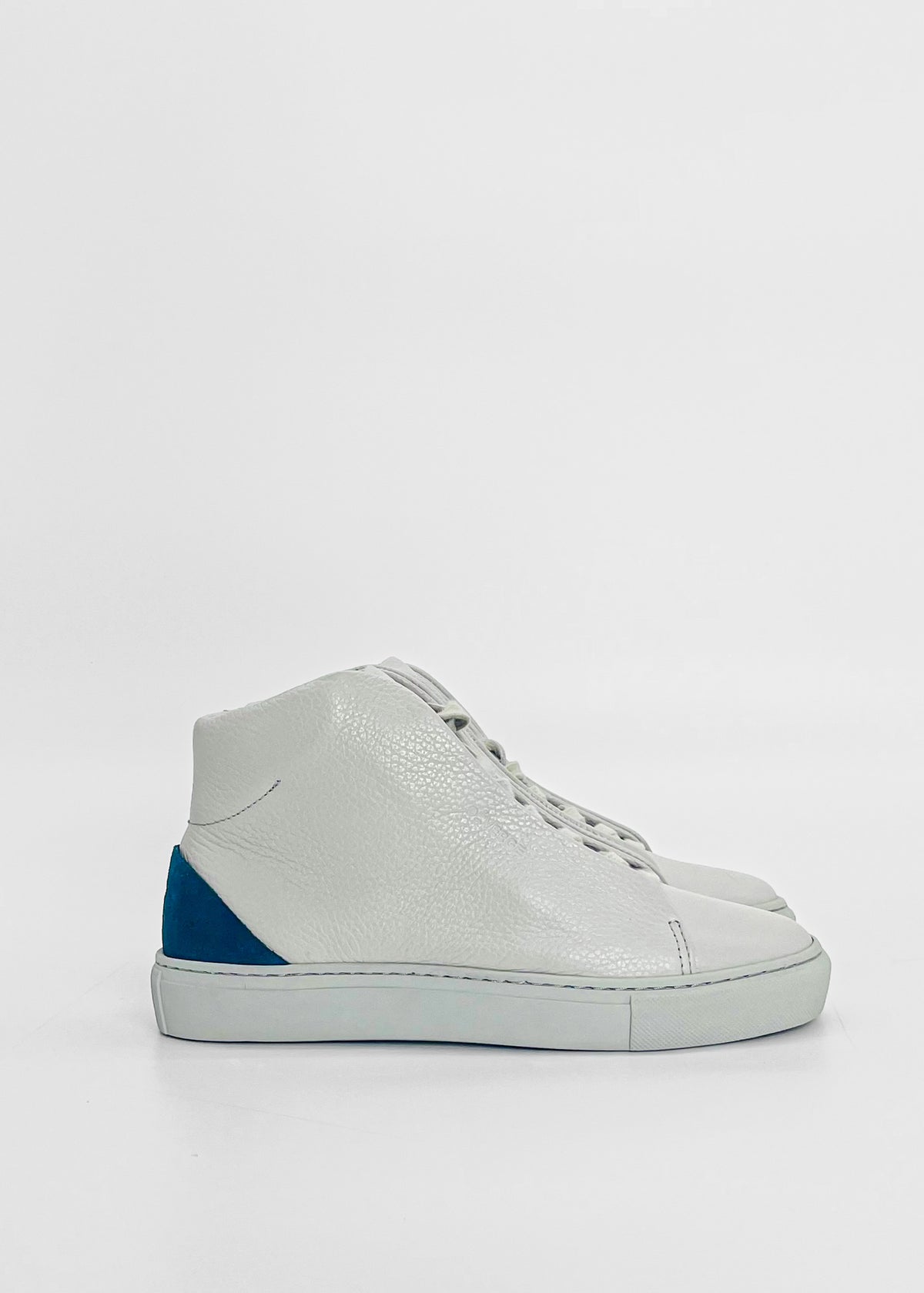 A pair of MH0106 Grey W/ Blue handcrafted high-top sneakers with blue accents on the heel area, made from premium Italian leather, displayed against a plain white background.