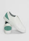 ML0079 White Floater W/ Green, handcrafted in Portugal using premium Italian leathers, shown with one shoe resting against the other on a white background.