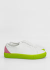 A pair of ML0082 White W/ Pink sneakers with bright green soles and pink accents on the heels, crafted from premium Italian leathers and displayed against a plain white background.