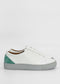 A side view of a pair of ML0080 White Floater W/ Grey with gray soles and teal accents on the heel, made from premium Italian leathers and handcrafted in Portugal, against a plain white background.