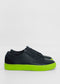 ML0064 Black Floater W/ Lime, handcrafted in Portugal with premium Italian leathers, boasting fluorescent green soles, displayed against a plain white background.