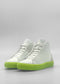 MH0113 White Leather W/ Lime, a pair of white high-top sneakers featuring neon green soles, handcrafted in Portugal from premium Italian leathers, displayed on a plain grey background.