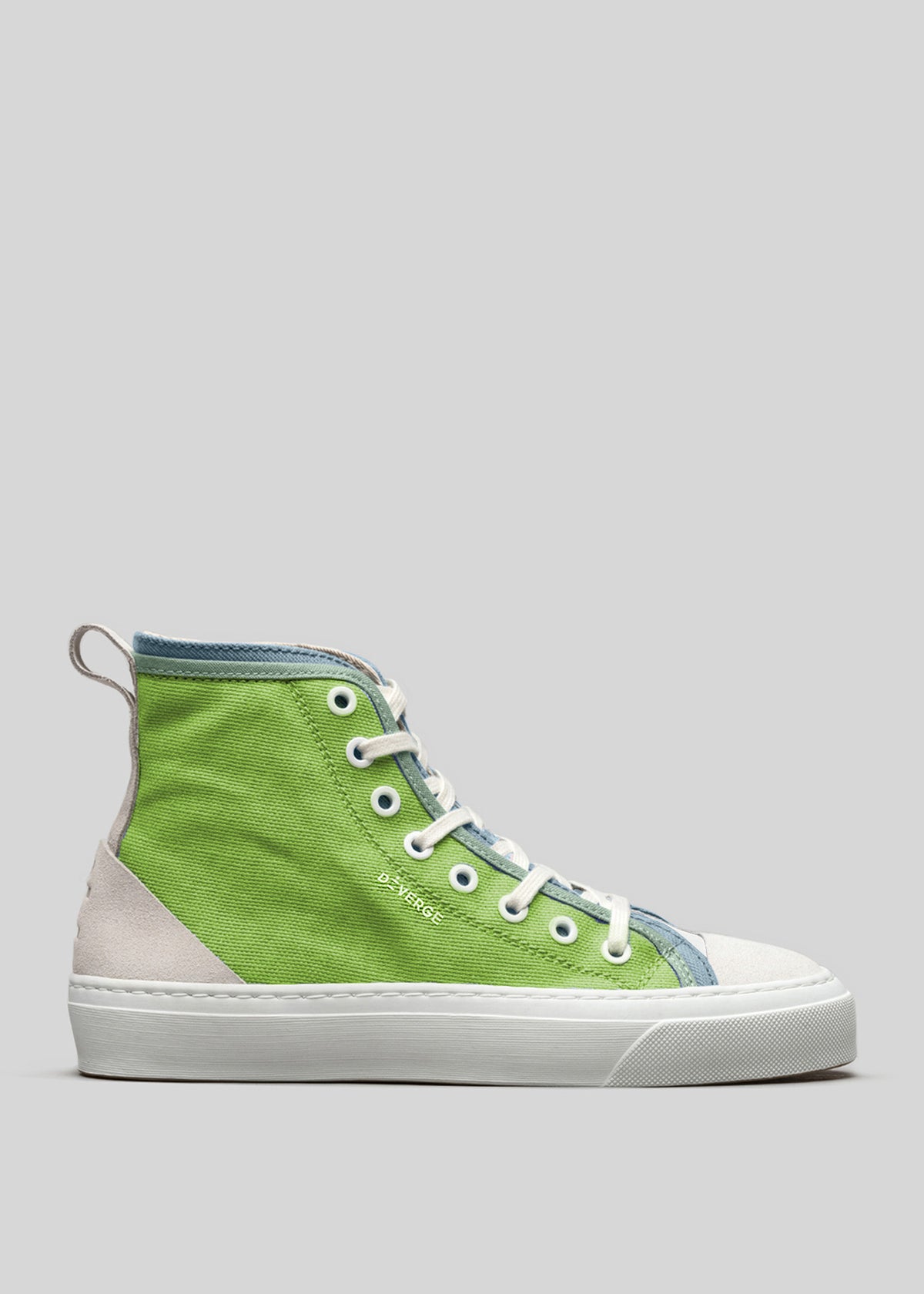 Side view of the V13 Brat high-top sneaker showcasing its multi-layered design with premium green canvas, white laces, a white rubber sole, light blue detailing, and light beige accents around the ankle and heel. Handcrafted in Portugal for unmatched quality and style.