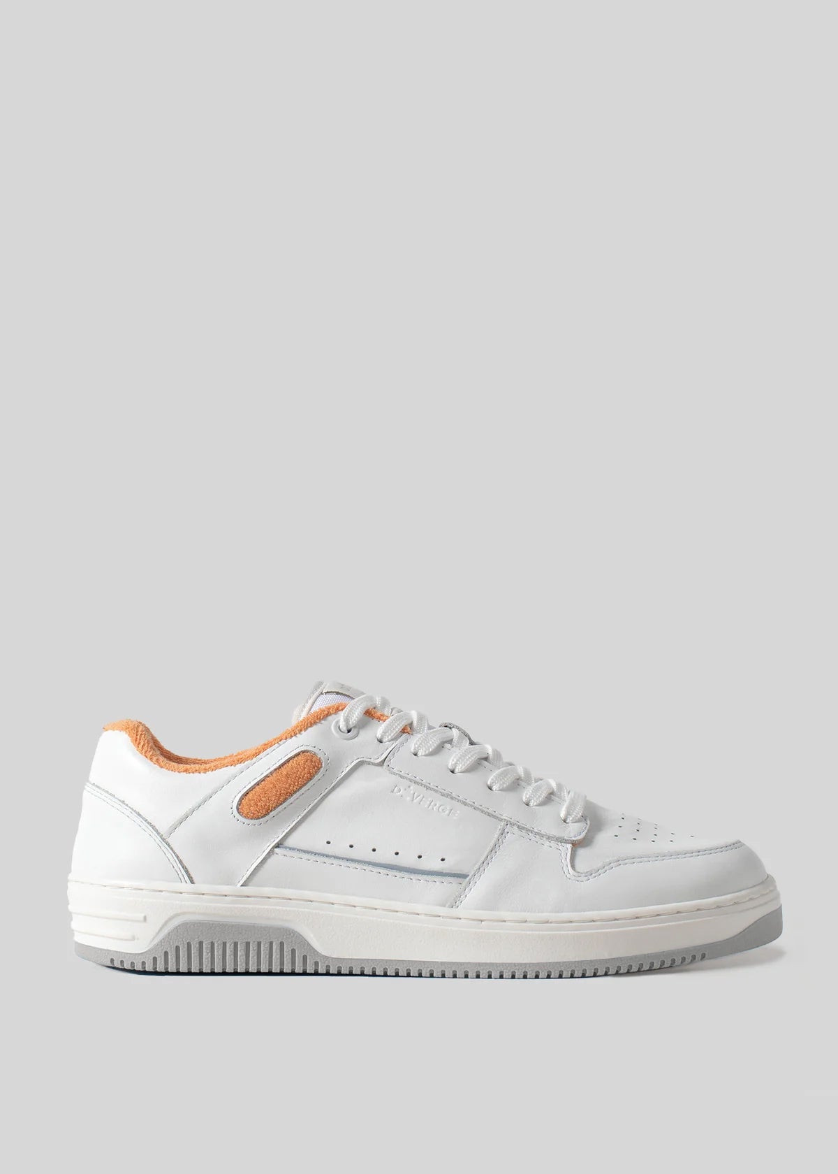 The V8 Blue W/ Orange is a white sneaker with orange accents, showcasing a low-top retro-future design and side perforations, set against a plain gray background.