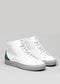 Pair of V40 Petrol Blue W/ Grey high-top sneakers with gray soles and a teal accent on the heel, handcrafted in Portugal from premium Italian leathers, viewed from an angled perspective against a neutral gray background.