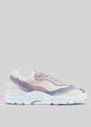 La L0018 di Bruna è una sneaker bianca con accenti rosa pastello e blu ai lati, suola bianca e realizzata con pellami italiani di prima qualità.